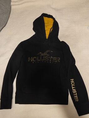 Hollister Black Hoodie with Gold Logo and Yellow Hood Lining